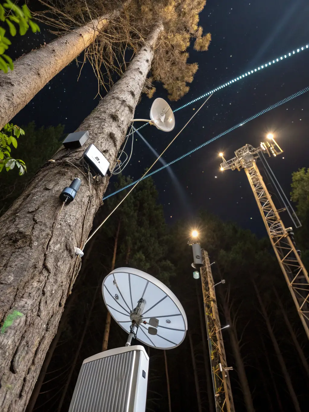 A detailed image of various sensors connected to a network, transmitting data via satellite, emphasizing the versatility of Creative5's solutions.