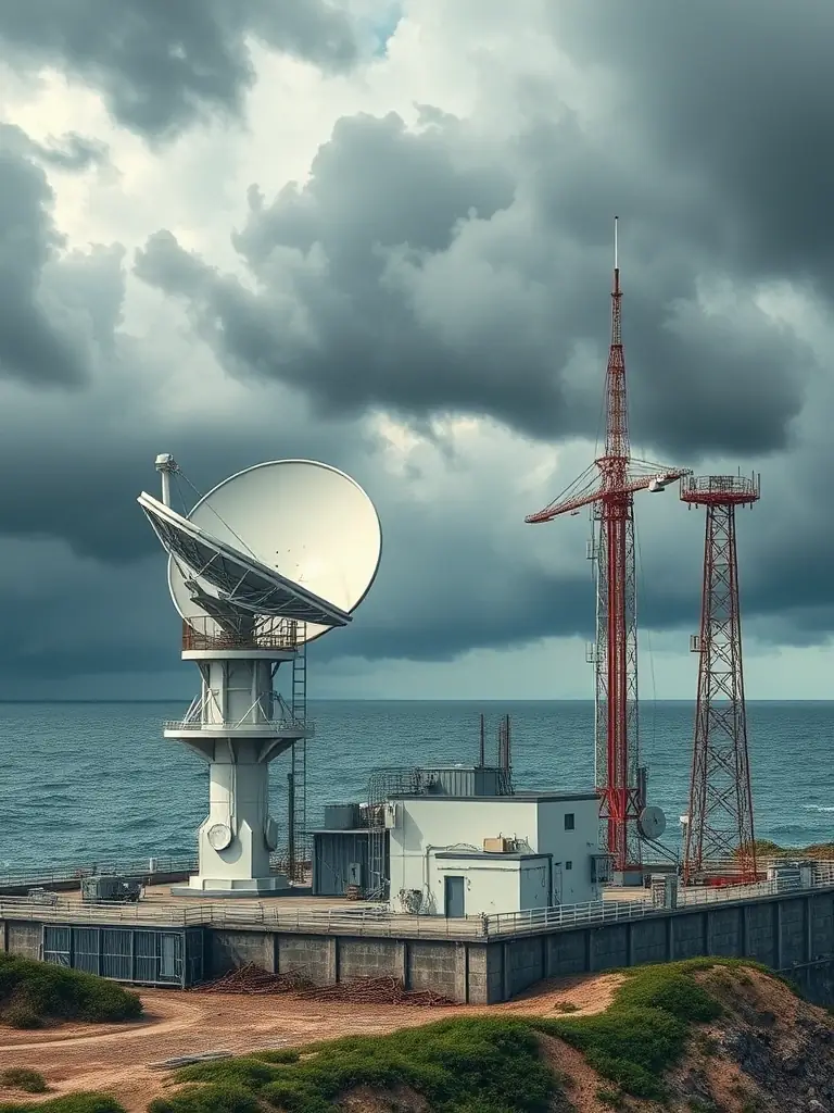 A resilient communication network in Japan, showcasing satellite dishes and IoT devices providing backup communication during a disaster scenario, demonstrating Creative5's disaster backup system.