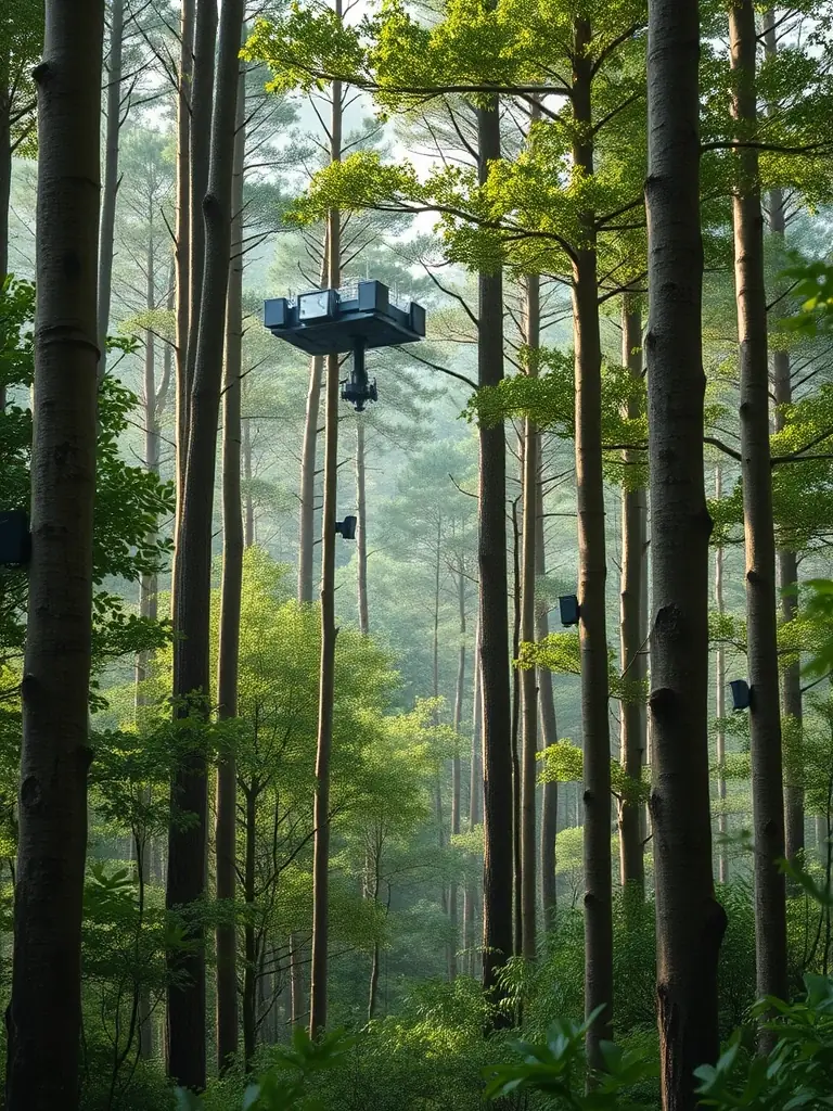 A lush, green forest in Taiwan, equipped with discreetly placed IoT sensors on trees, transmitting data to a central monitoring station, illustrating Creative5's forest disaster prevention solution.