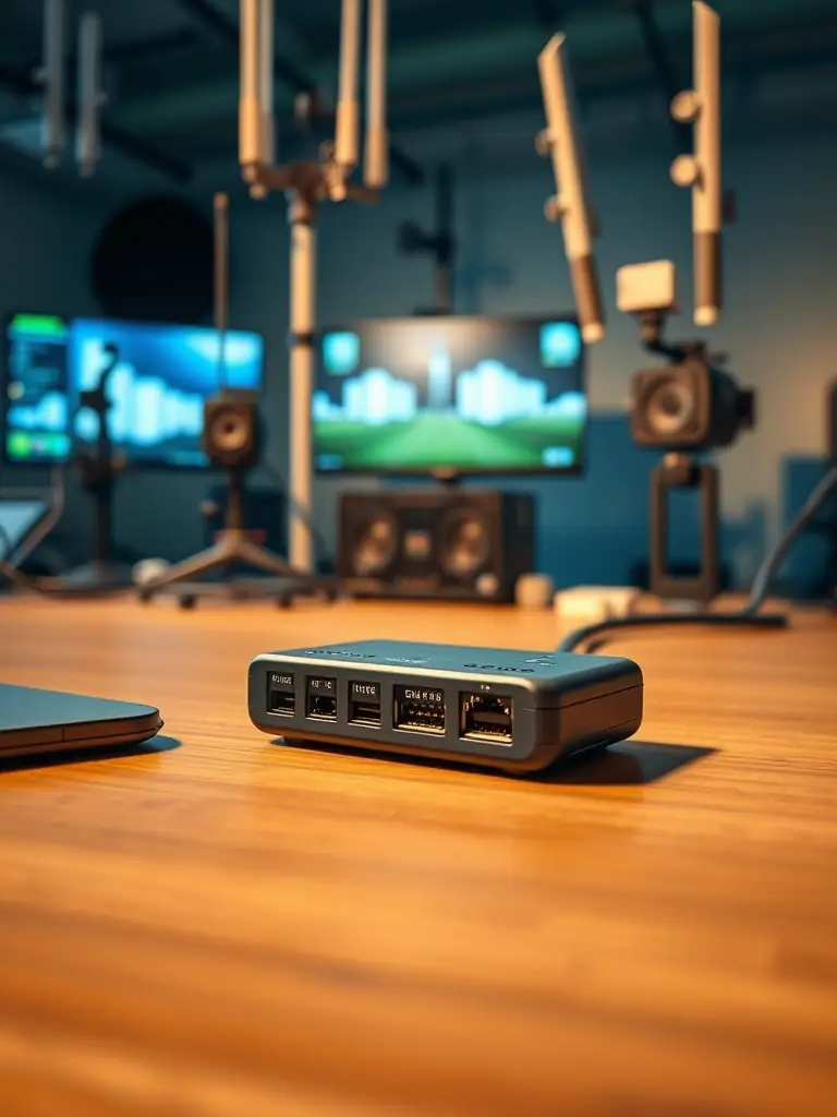 A close-up shot of the Hestia NTN IoT Dongle, highlighting its compact design and connectivity ports, set against a backdrop of a remote monitoring station.