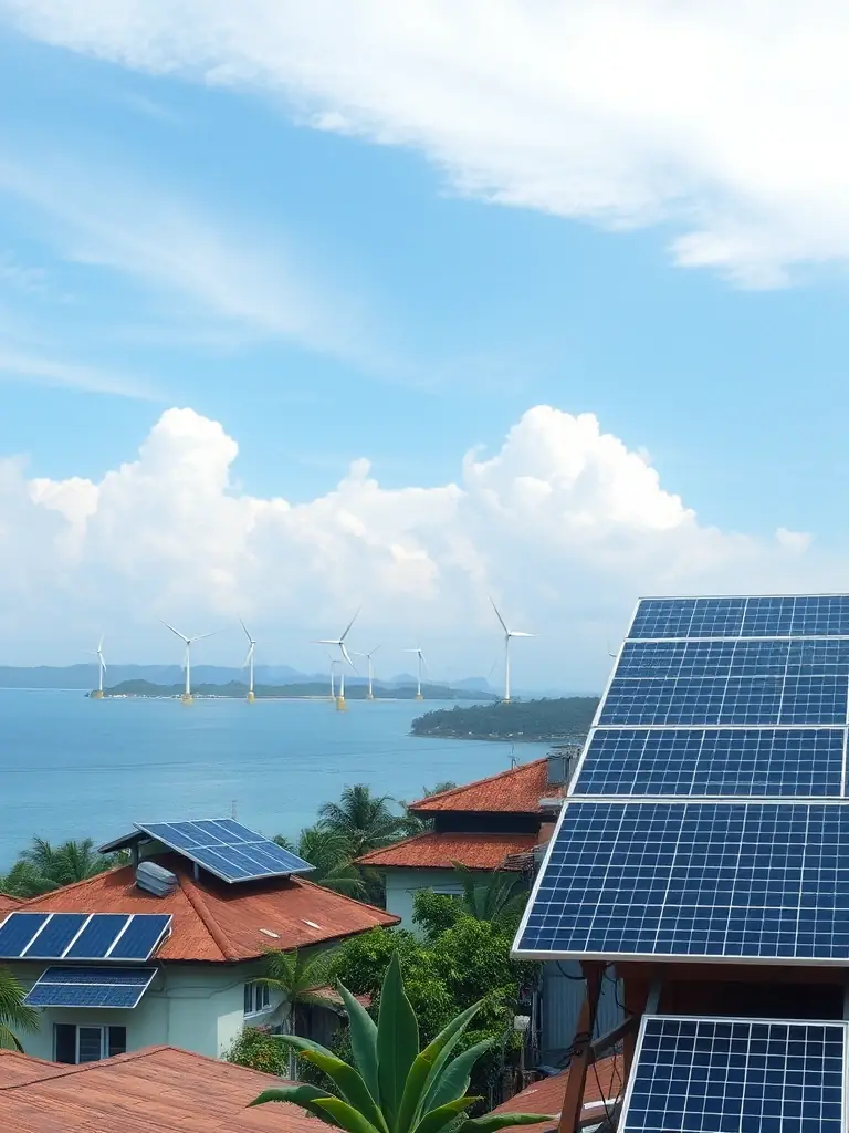 A picturesque view of a remote Indonesian island, featuring solar panels and wind turbines connected to a central energy management system, highlighting Creative5's island energy solution.