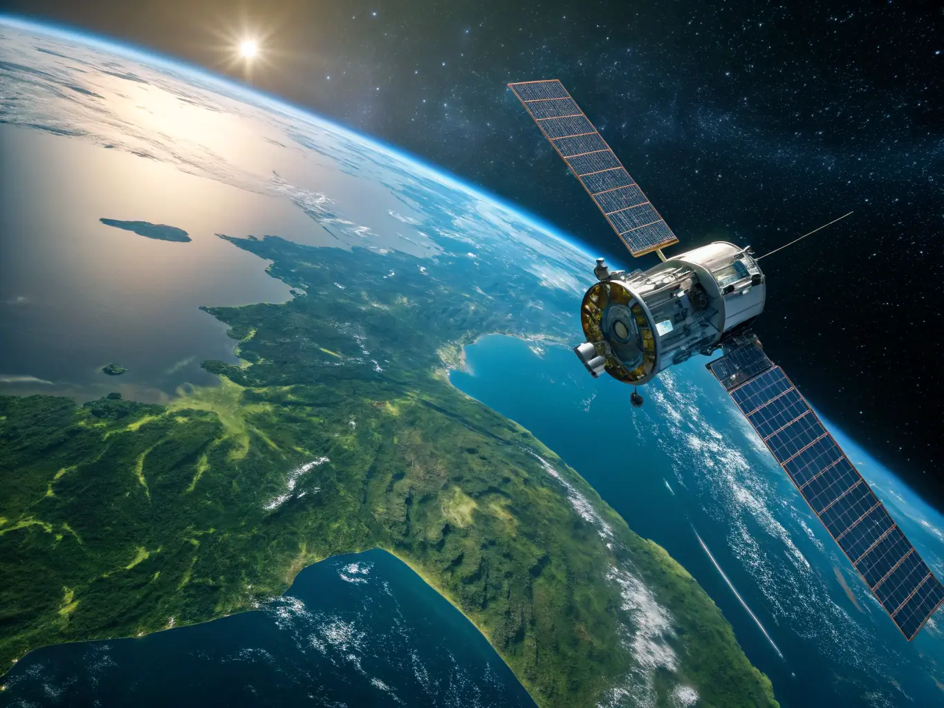 An image of a satellite orbiting Earth with IoT devices on land and sea, illustrating global connectivity for Creative5's Satellite IoT Platform.