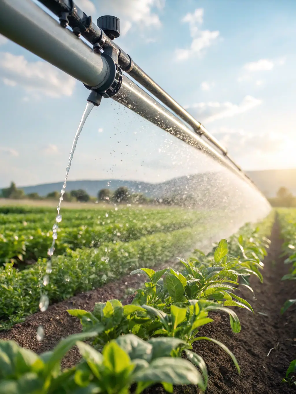 A vibrant image of a smart farm in Thailand, showcasing rows of crops with strategically placed IoT sensors monitoring soil conditions and water levels, reflecting Creative5's smart agriculture initiative.